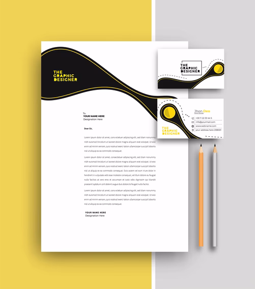 Creative and bold corporate identity design with modern logo, letterhead, and business card mockups